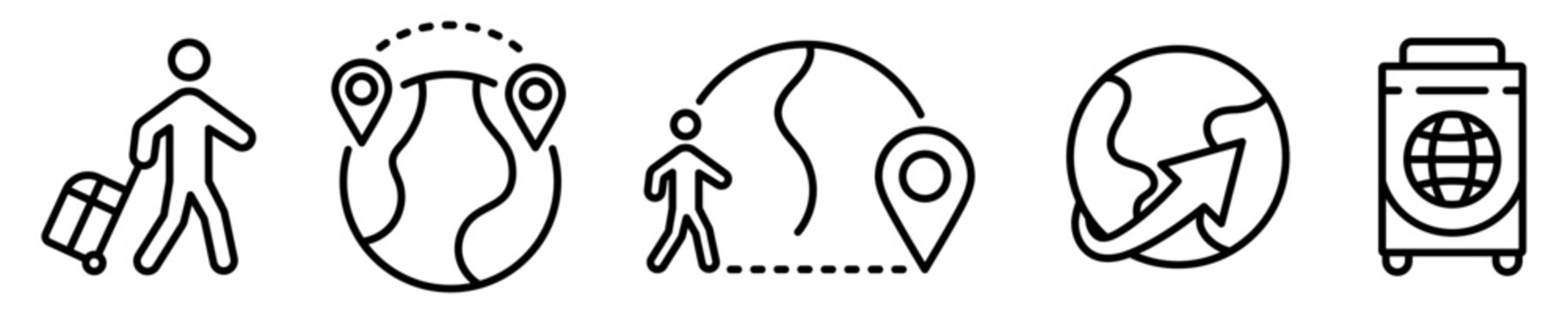 Conjunto de iconos de migraci&oacute;n. Migrante. Concepto de viajar. Trasladarse, establecerse, persona viajando. Ilustraci&oacute;n vectorial