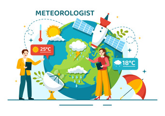 Meteorologist Vector Illustration with Weather Forecast and Atmospheric Precipitation Map in Flat Cartoon Hand Drawn Landing Page Templates - obrazy, fototapety, plakaty
