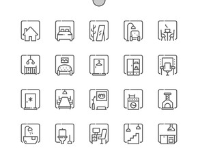 Room types. Bedroom, meditation room, work place, dressing room, kitchen, pets room. Home. Pixel Perfect Vector Thin Line Icons. Simple Minimal Pictogram