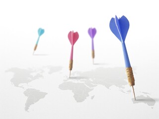 4 darts on a world map symbol of travel fist dart target is australia, second dart target is europe and france