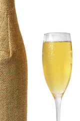 Champagne glass and bottle over white