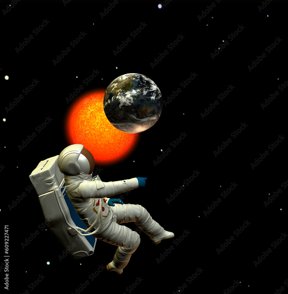 Poster a conceptual image of spaceman or astronaut floating in space.