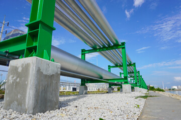 Pipeline on green color pipe rack in oil and gas plant.