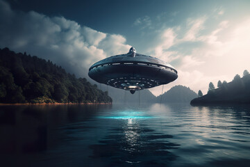 Naklejka na ściany i meble A ufo flying above a reflective lake. UFO landing, dark atmosphere. A giant cartoon UFO flying low over water using advanced technology. Realistic 3D illustration. Generative AI
