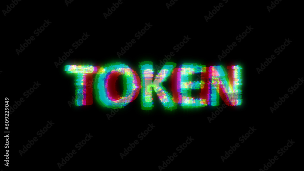 Poster cybernetical text token with massive chromatic aberrance distortion, isolated - object 3d rendering