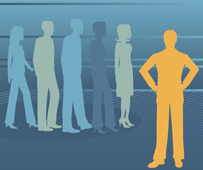 Male business leader stands out, with others in profile and fading into the background