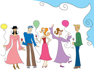 People enjoying themselves at a party - holding balloons and drinks
