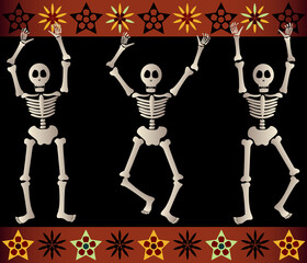Three spooky skeletons jump and dance around - bordered by black and orange elements - great for Halloween or Dia de los Muertos