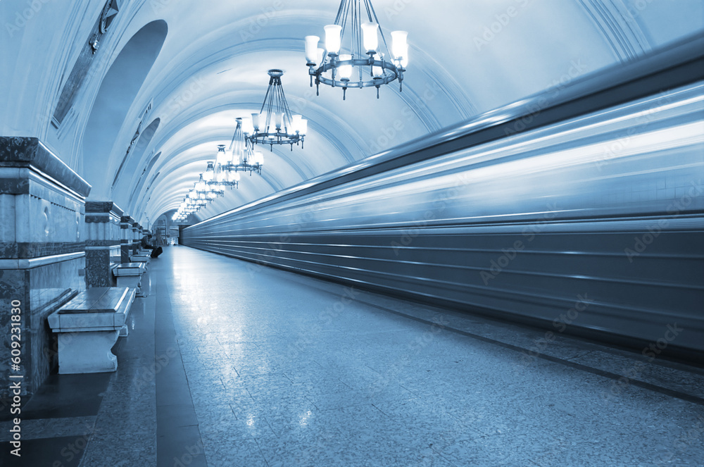 Poster ghost train running through empty railway station