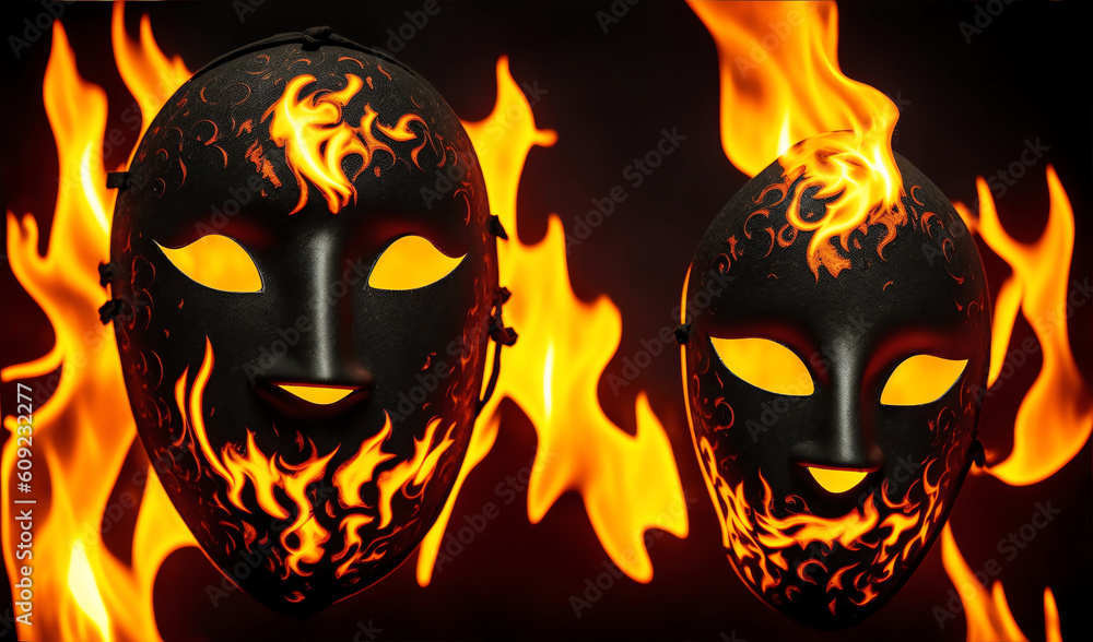 Poster Scary masks in flame in plain black background from Generative AI