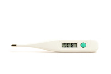 fever thermometer - white digital thermometer with slight texture, showing fever of 100.8 degrees...