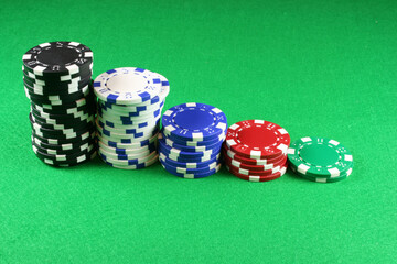 5 stacks of Poker chips on an isolated background