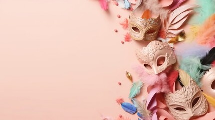Carnival sale banner background with carnival masks, and carnival ornaments on pastel background