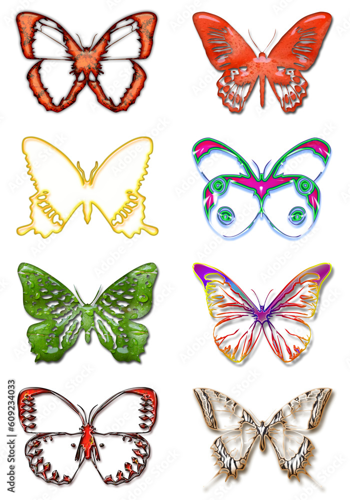 Poster 3d rendering of six beautiful butterflies in different color