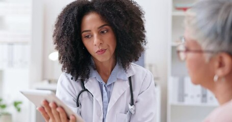 Senior woman, doctor tablet and medical consultation in a hospital office with communication and results. Elderly patient, health worker and healthcare advice in a clinic with digital report - Powered by Adobe