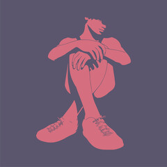 Unhappy woman sitting on floor and hug her knee, thinking about problems. Upset girl feeling lonely and sad, psychological and mental troubles. Suffering from bad relationship or break up