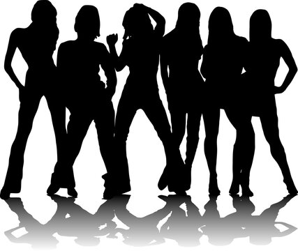 Six sexy party girls in black and white silhouette