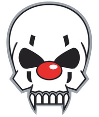 a clown skull with red nose