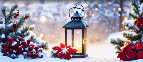Christmas lantern in the snow background with copyspace