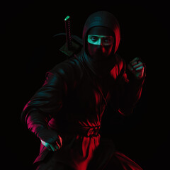 A ninja in a fighting pose in the dark, bathed in neon light. Traditional ninja style. 3d illustration.