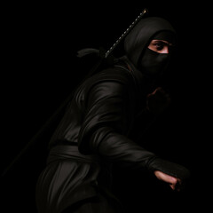 A ninja in a fighting pose in the dark. Traditional ninja style. 3d illustration.