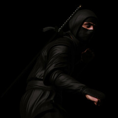A ninja in a fighting pose in the dark. Traditional ninja style. 3d illustration. © pictosmith