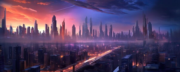 Illustration of a futuristic cyberpunk city skyline at twilight