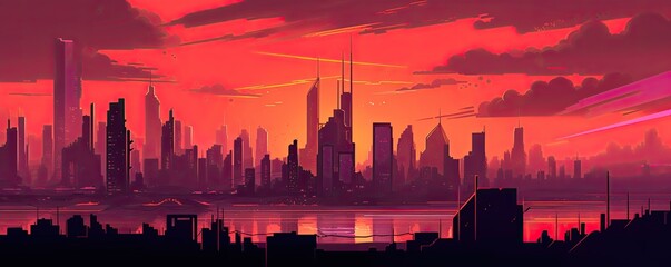 Cyberpunk city skyline at twilight