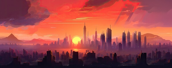 Fototapeta na wymiar Cyberpunk city skyline at twilight