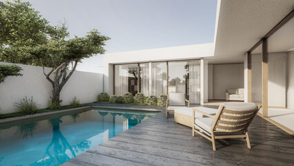 Architecture 3d rendering illustration of minimal modern house with natural landscape