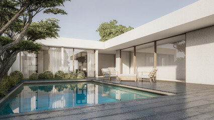 Architecture 3d rendering illustration of minimal modern house with natural landscape
