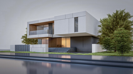 Architecture 3d rendering illustration of minimal modern house with natural landscape