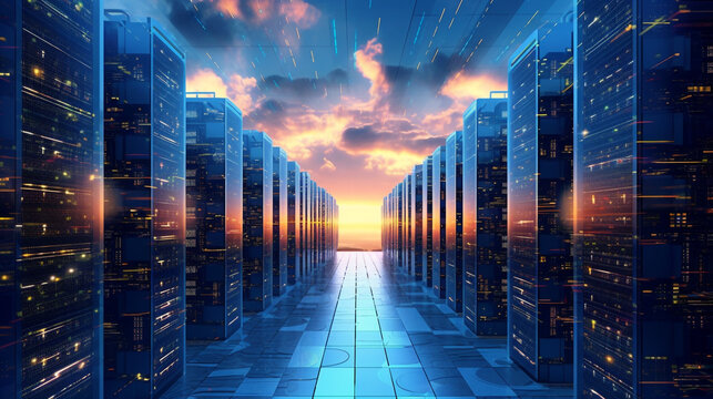  Datacenter filled with rows of server racks, symbolizing the backbone of digital infrastructure and showcasing the power and scale of cloud computing and storage, Generative AI