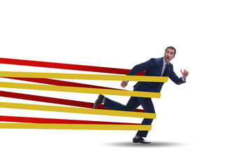 Businessman being harnessed and restricted