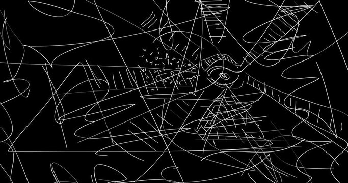 Animation of old chaotic film strip with grunge effect. Busy destroyed video surface background. Analog vintage TV signal with white scratches, words, cuts, dust and smudges.