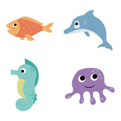 Cute sea animals decoration. Marine life. Marine wildlife. Cute illustration.Vector collection