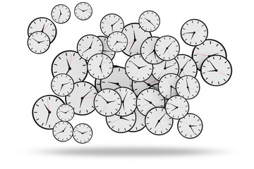 Time management concept with many clocks