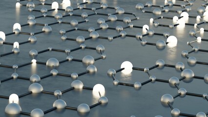 3D net of conected hexagons with metal domes and light © QuasarCR