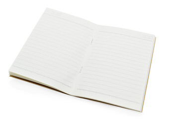 blank open notebook with lined paper isolated on white background