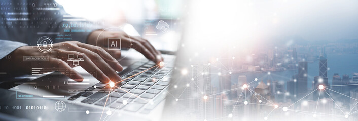 Data science, digital technology concept, AI Artificial Intelligence. Computer programmer, Software Engineer coding on laptop with database connection, data exchange