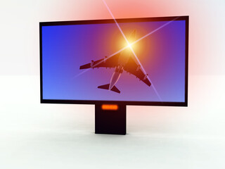 A computer created image of a modern TV set with a program on the screen.