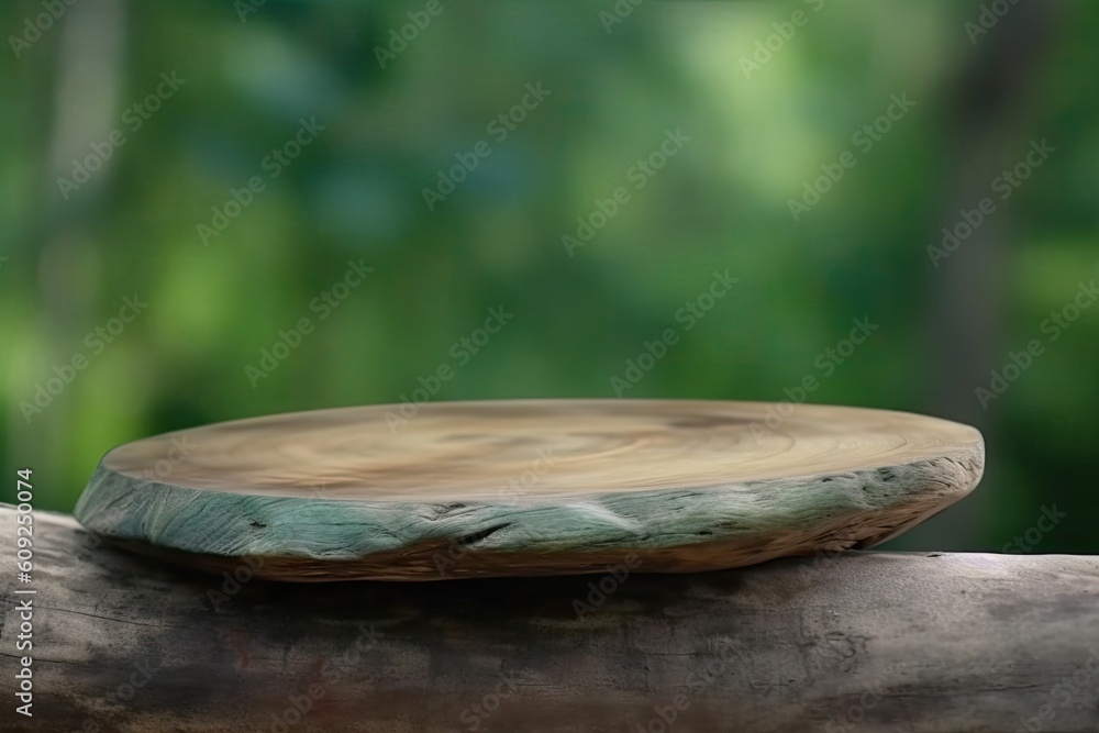 Poster wooden plate resting on a tree branch in nature generative ai