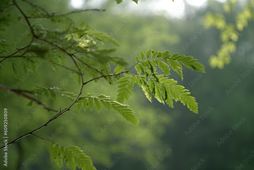 Poster close-up view of a tree branch with green leaves generative ai