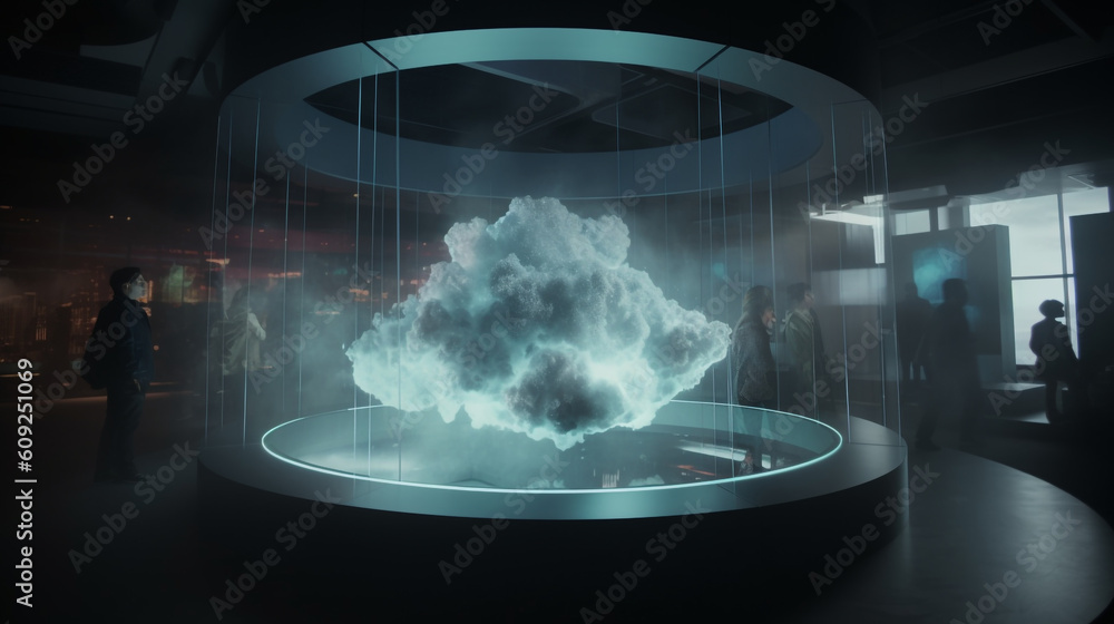 Poster futuristic hologram emerging from a cloud-filled background. the hologram showcases the transformati