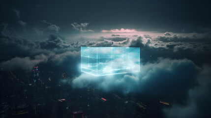 futuristic hologram seamlessly blending into the cloud-filled sky. The hologram symbolizes the integration of digital technology and the vast potential of cloud computing, Generative AI