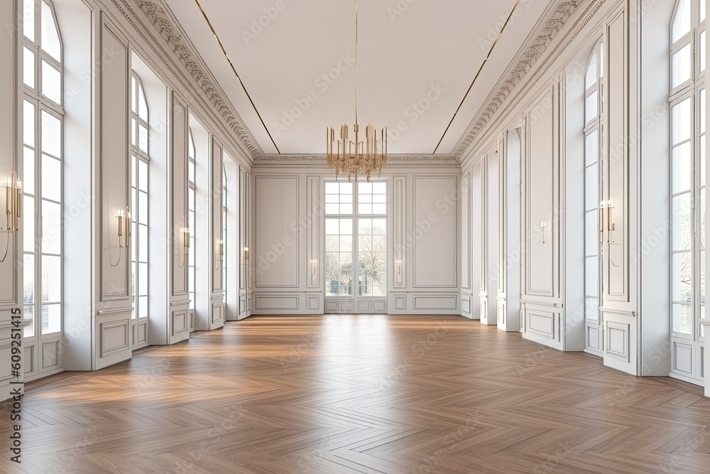 Aufkleber an empty room with grand chandelier and tall windows generative ai