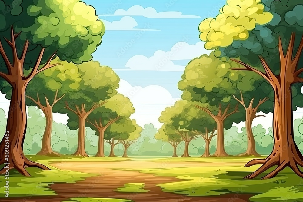 Poster serene pathway surrounded by tall trees in a forest generative ai