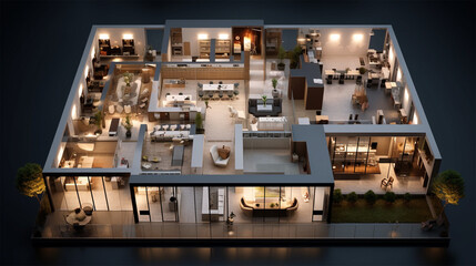 3d view of an office, in the style of expansive spaces, emerald and beige, aerial view, focus stacking, wood, soft and dreamy atmosphere
