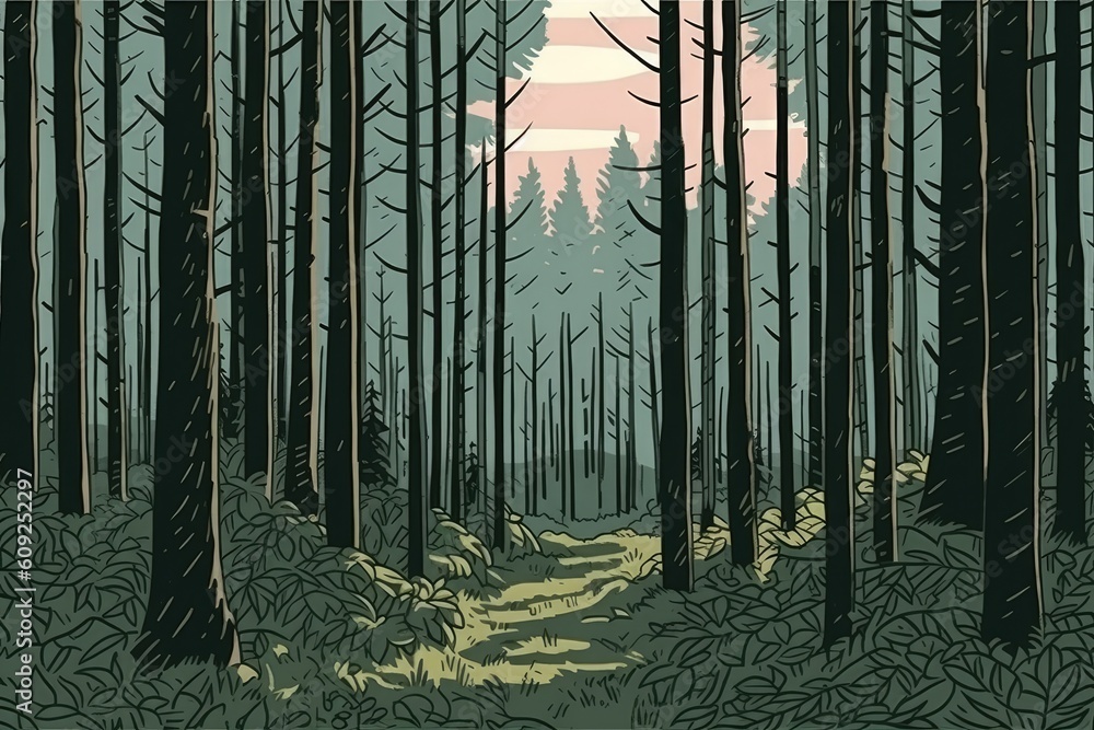 Poster serene path winding through a lush green forest generative ai