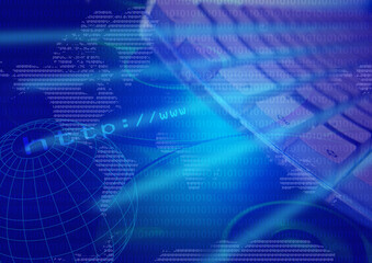 Obraz premium computer technology concept montage, e-commerce and business, world wide web, globe, speed, internet connection, blue and cyan